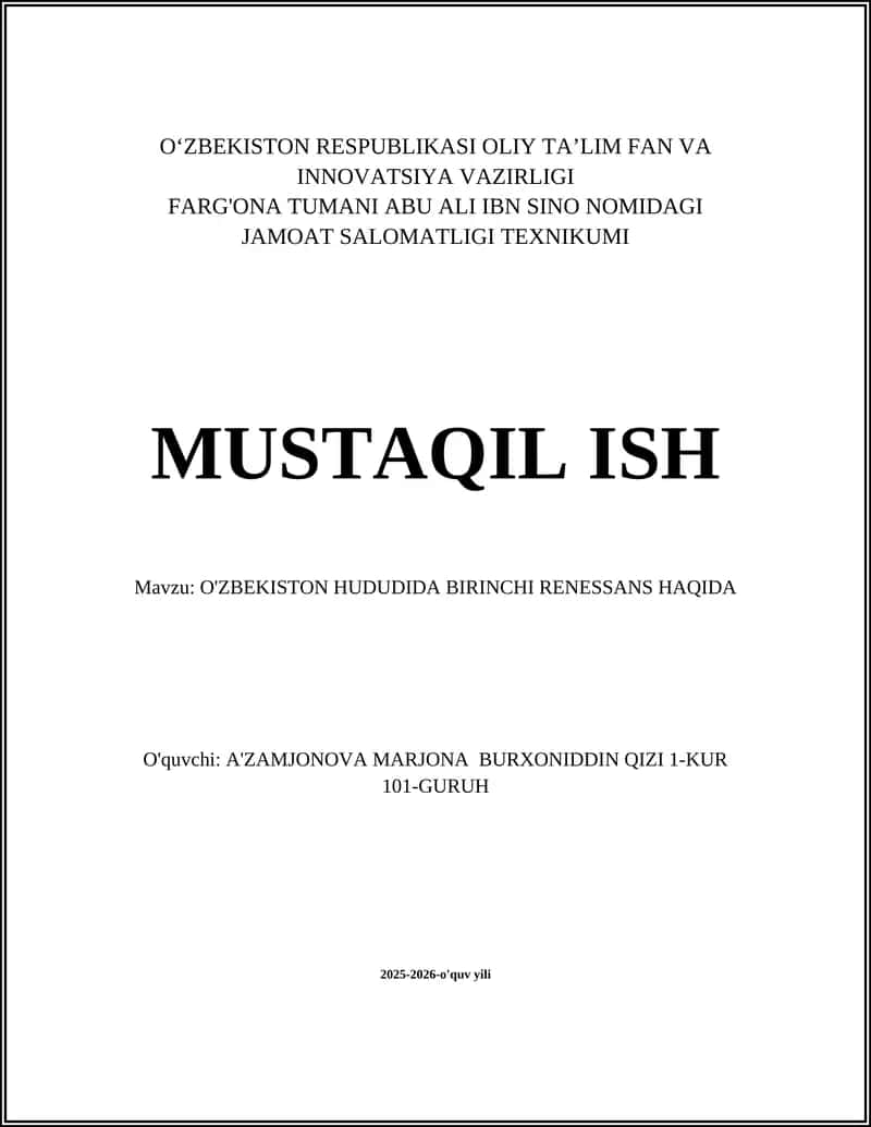 O'ZBEKISTON HUDUDIDA BIRINCHI RENESSANS HAQIDA