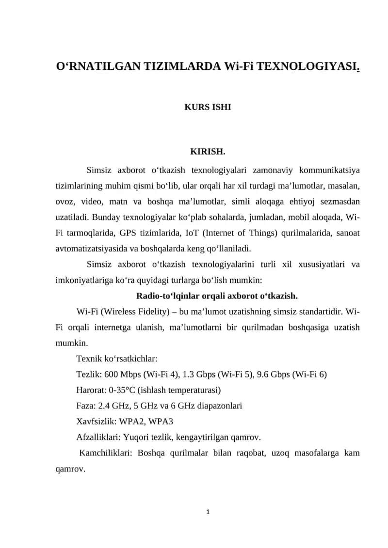 O‘RNATILGAN TIZIMLARDA Wi-Fi TEXNOLOGIYASI