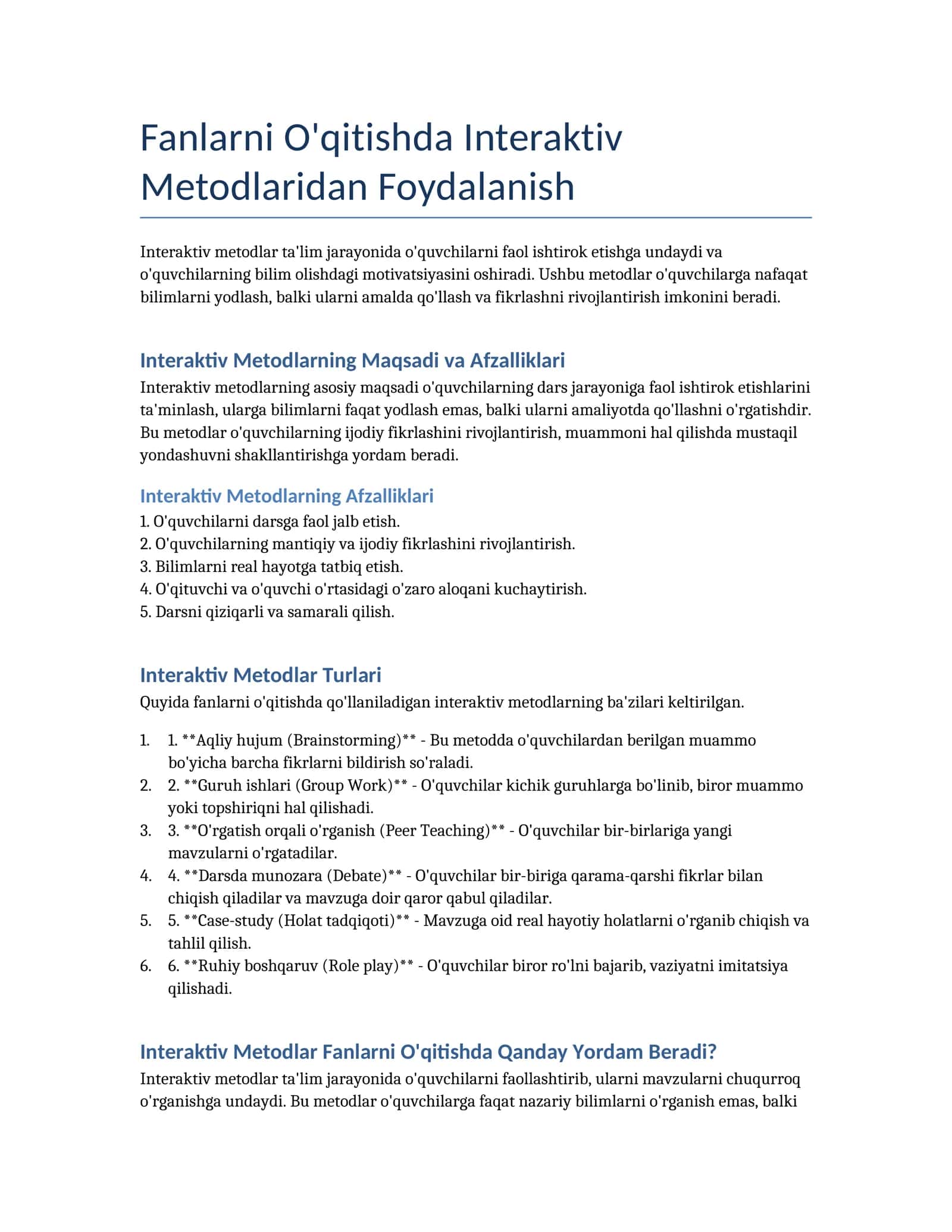 Fanlarni O'qitishda Interaktiv Metodlaridan Foydalanish