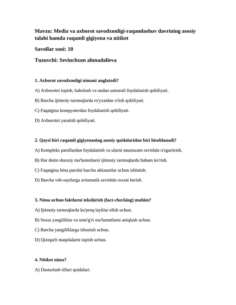 Media va axborot savodxonligi-raqamlashuv davrining asosiy talabi hamda raqamli gigiyena va nitiket