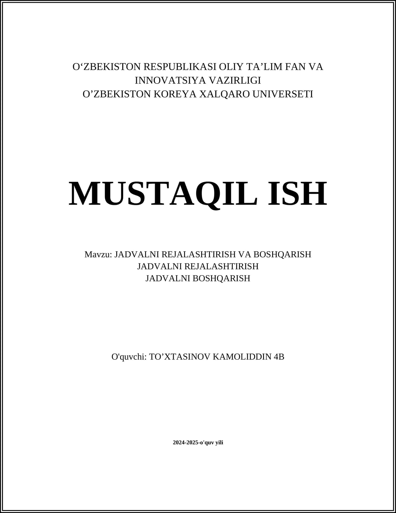 JADVALNI REJALASHTIRISH VA BOSHQARISH