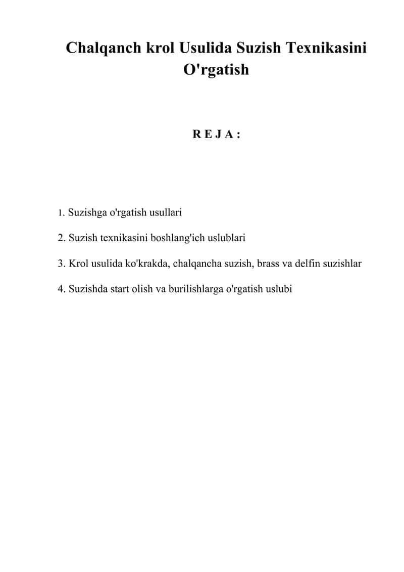 Chalqanch krol Usulida Suzish Texnikasini O'rgatish