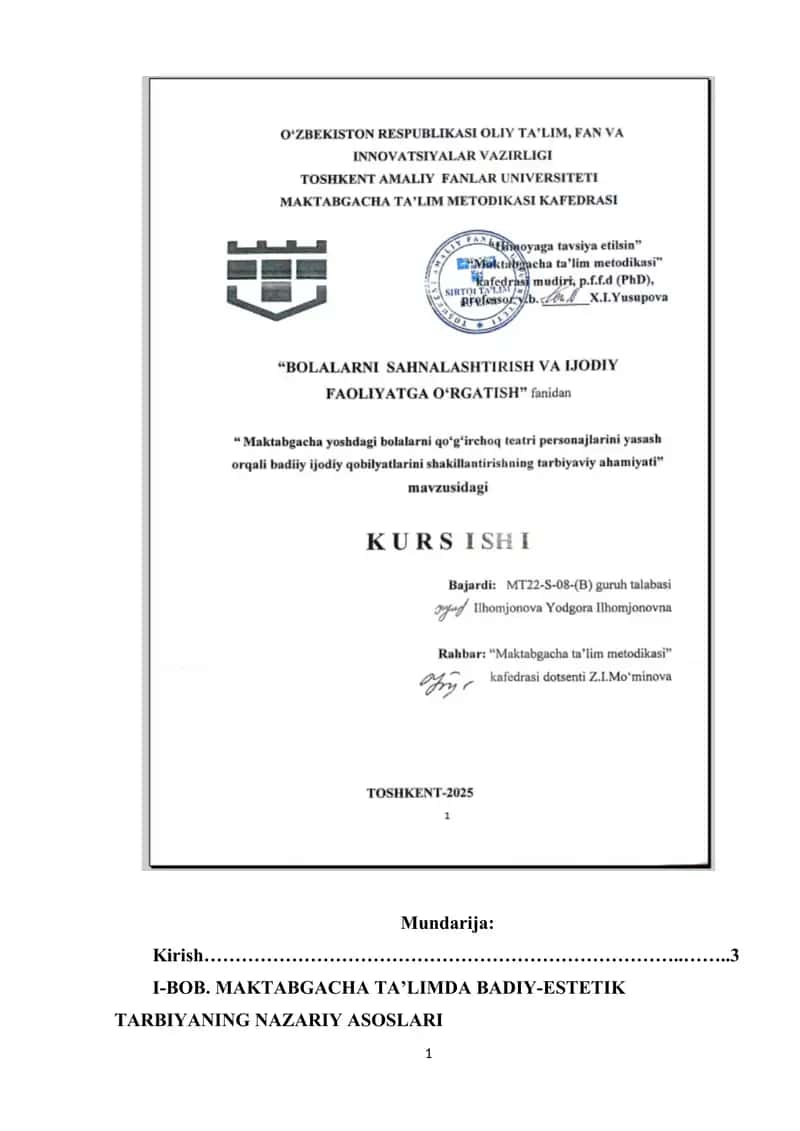 Maktabgacha yoshdagi bolalarni qo'g'irchoq teatiri personajlarini yasash orqali badiiy ijodiy qobilyatlarini shakillantirishning tarbiyaviy ahamiyati