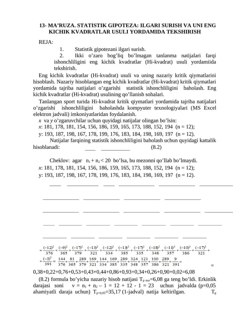 STATISTIK GIPOTEZA: ILGARI SURISH VA UNI ENG KICHIK KVADRATLAR USULI YORDAMIDA TEKSHIRISH
