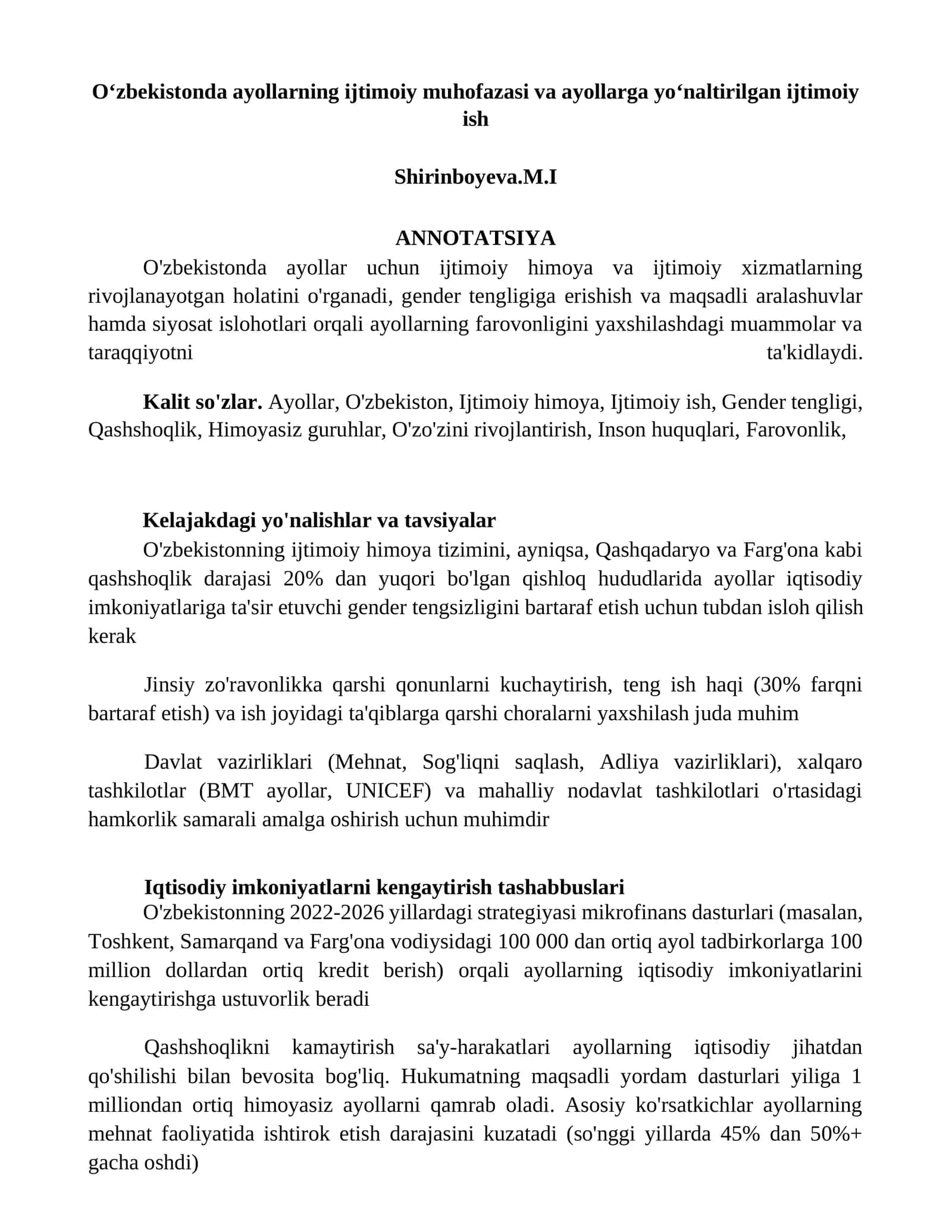 O'zbekistonda ayollarning ijtimoiy muhofazasi va ayollarga yoʻnaltirilgan ijtimoiy ish