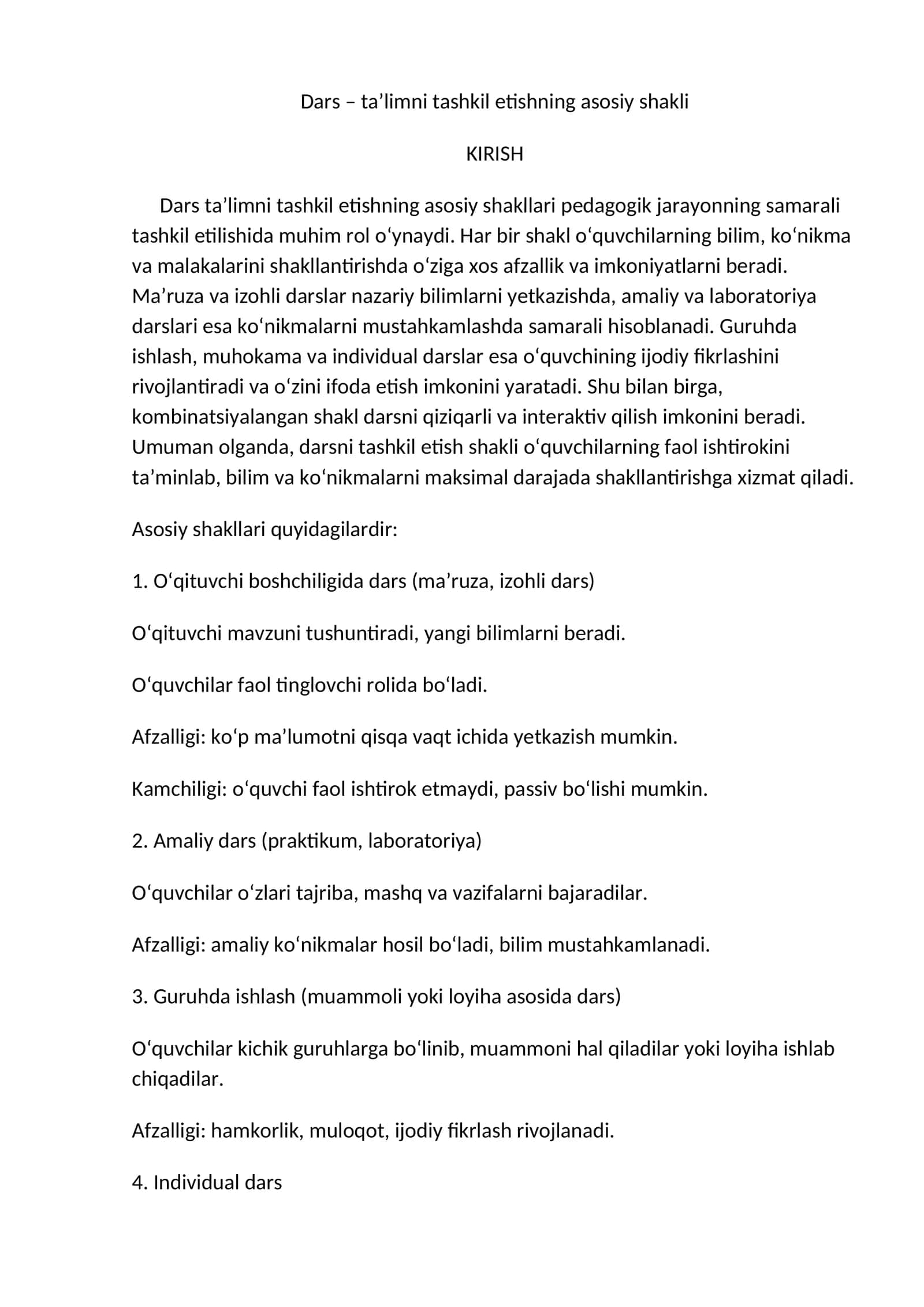 Dars – ta’limni tashkil etishning asosiy shakli
