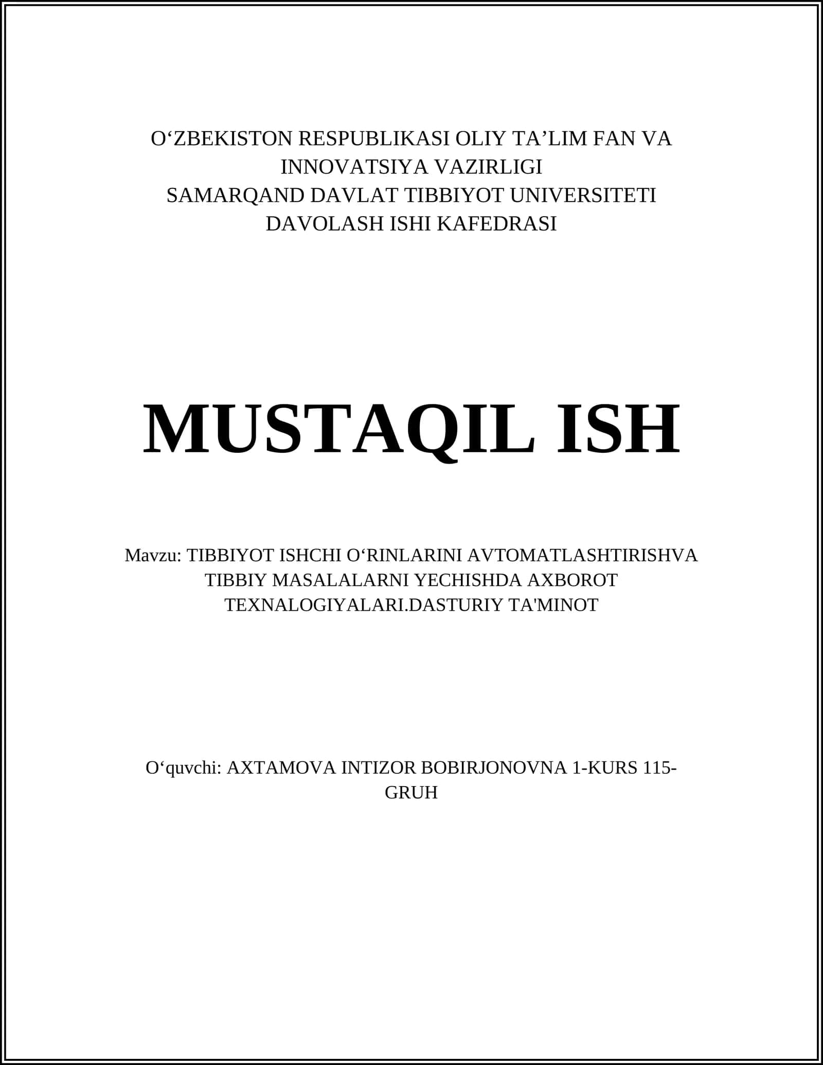 TIBBIYOTDA SUN'IY INTELLEKT YORDAMIDA TASHXIS QO'YISH