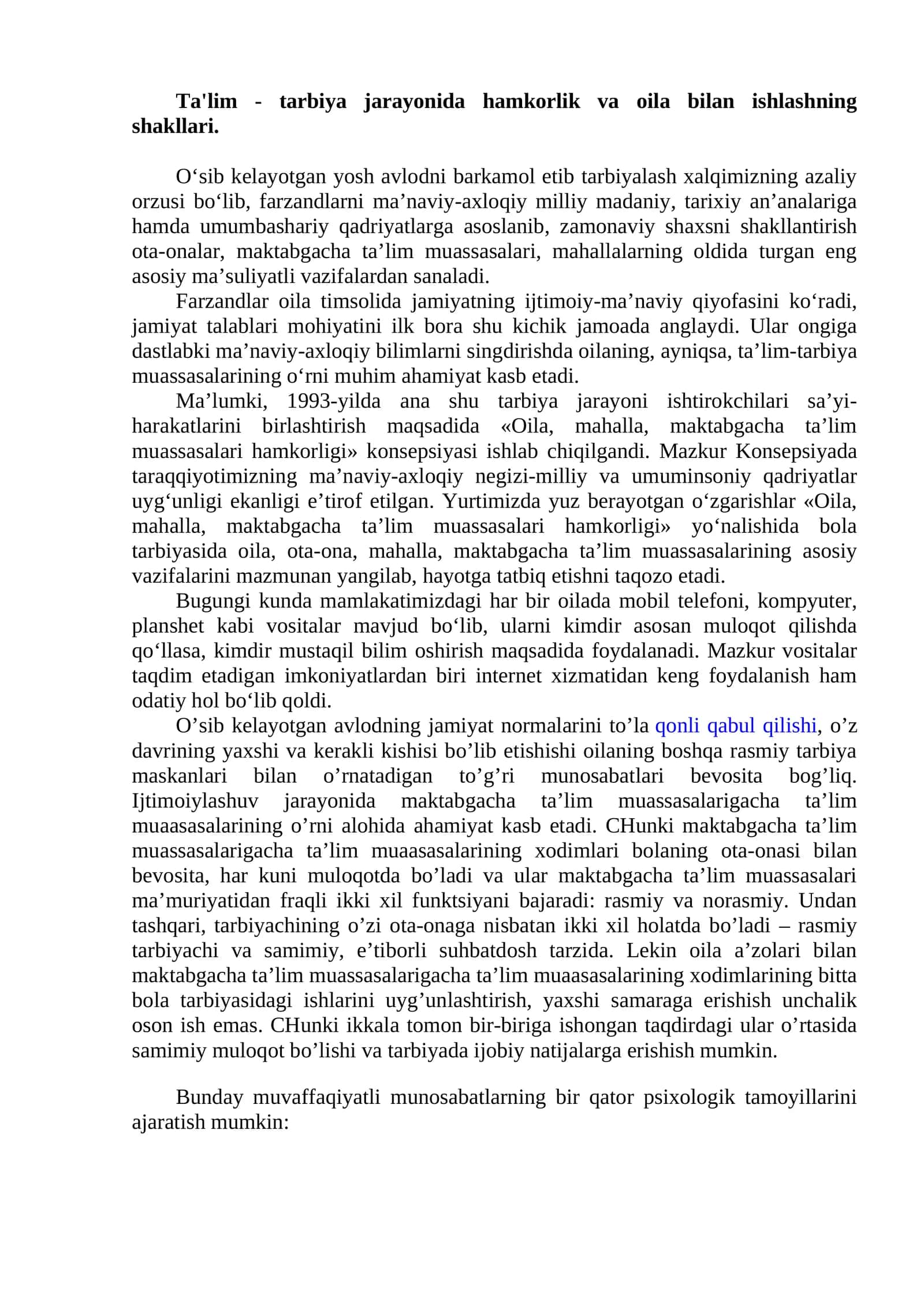 Ta'lim - tarbiya jarayonida hamkorlik va oila bilan ishlashning shakllari