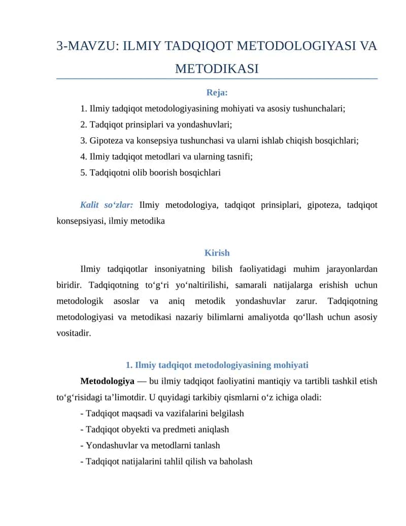 ILMIY TADQIQOT METODOLOGIYASI VA METODIKASI