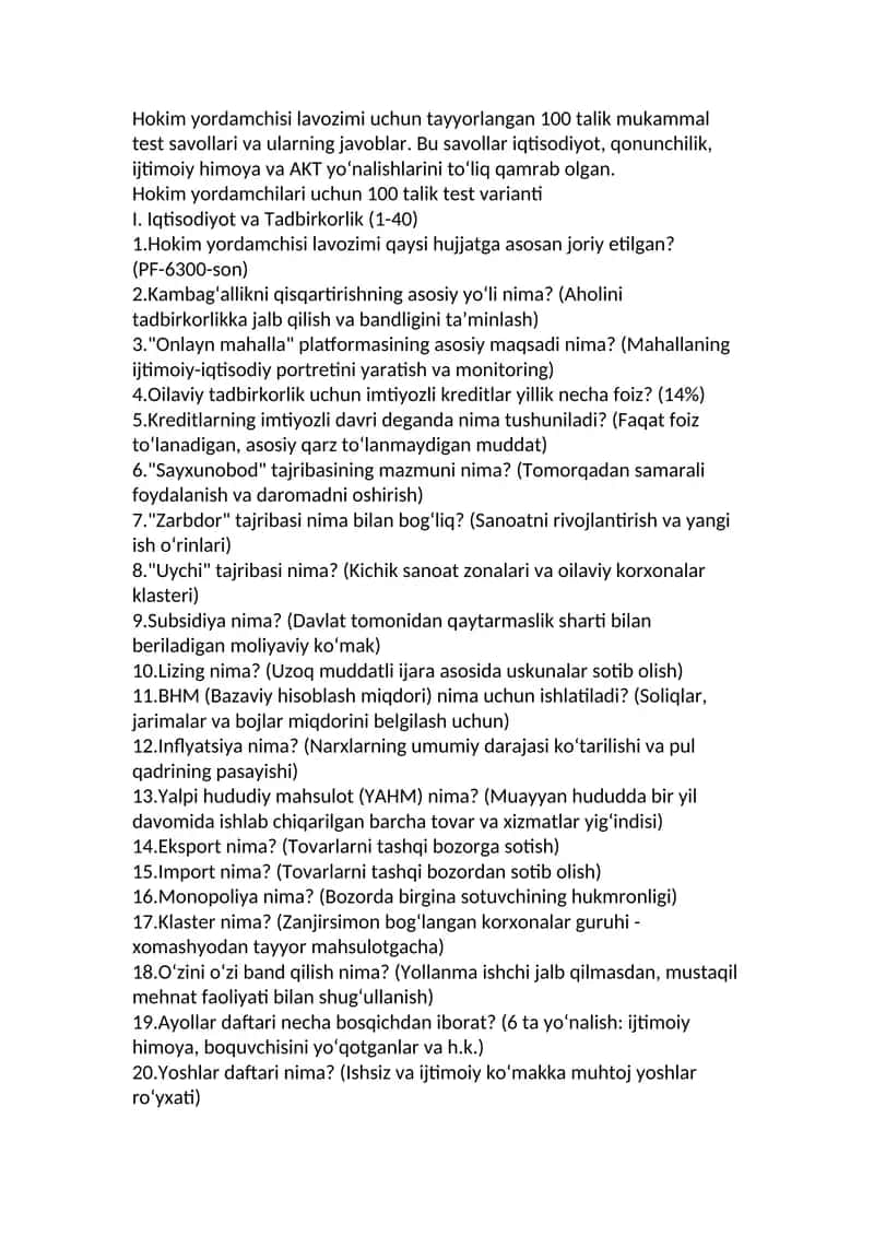 Hokim yordamchisi lavozimi uchun tayyorlangan 100 talik test savollari va ularning javoblar