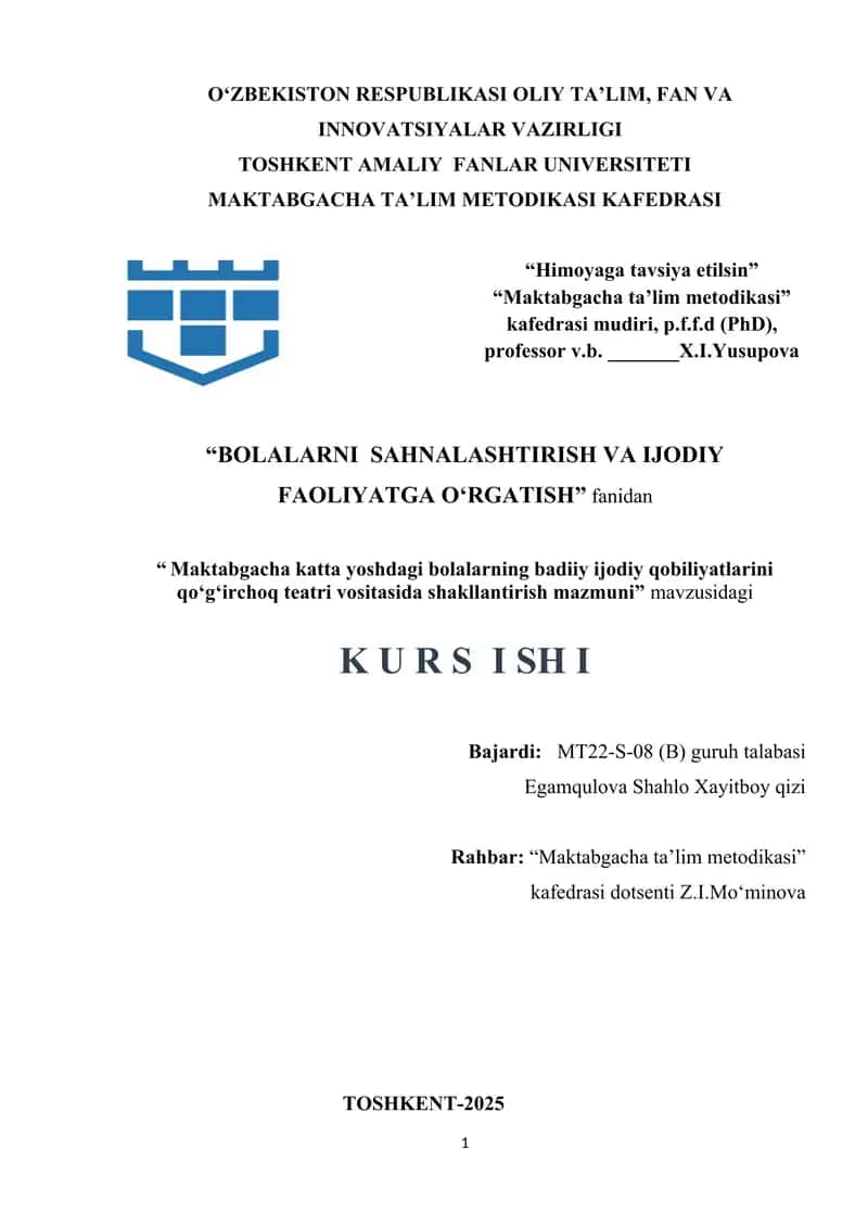Maktabgacha katta yoshdagi bolalarning badiiy ijodiy qobiliyatlarini qoʻgʻirchoq teatri vositasida shakllantirish mazmuni