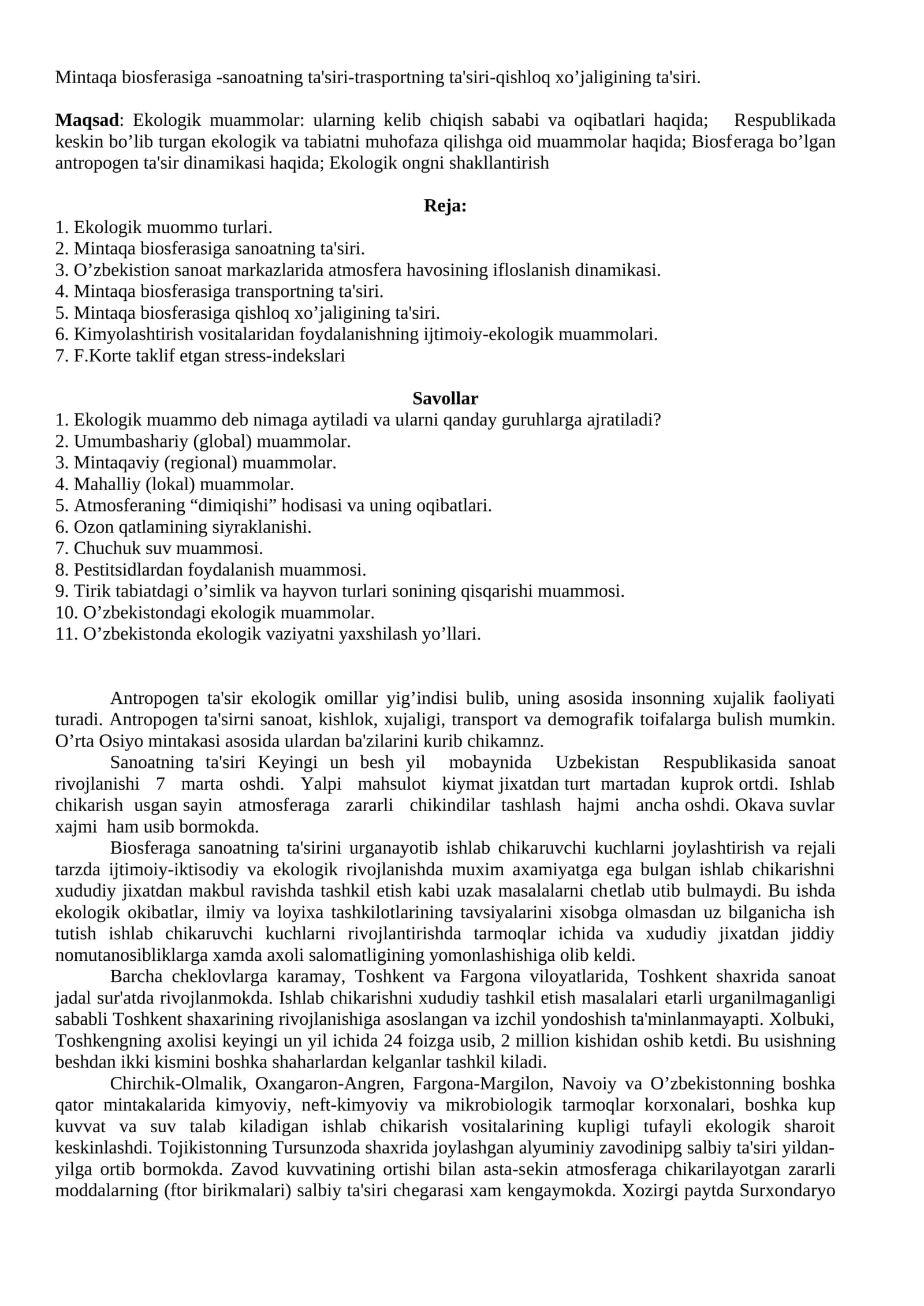 Mintaqa biosfеrasiga -sanoatning ta'siri-trasportning ta'siri-qishloq xo’jaligining ta'siri