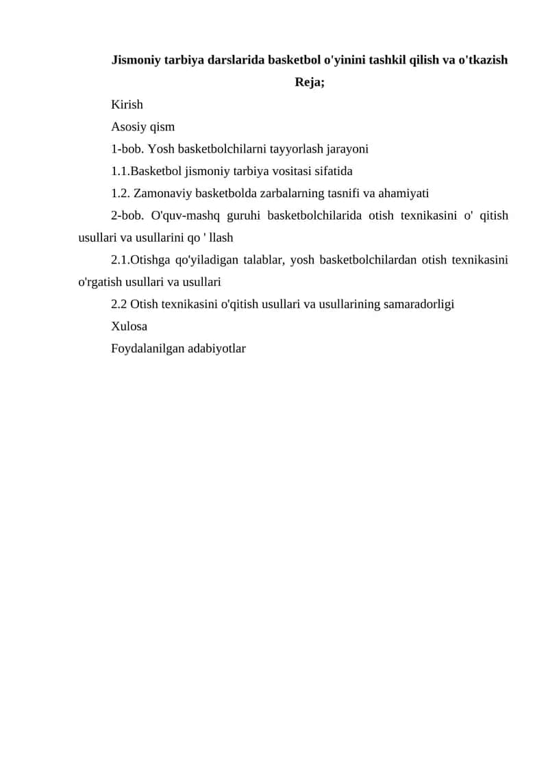 Basketbol o'yinini tashkil qilish va o'tkazish