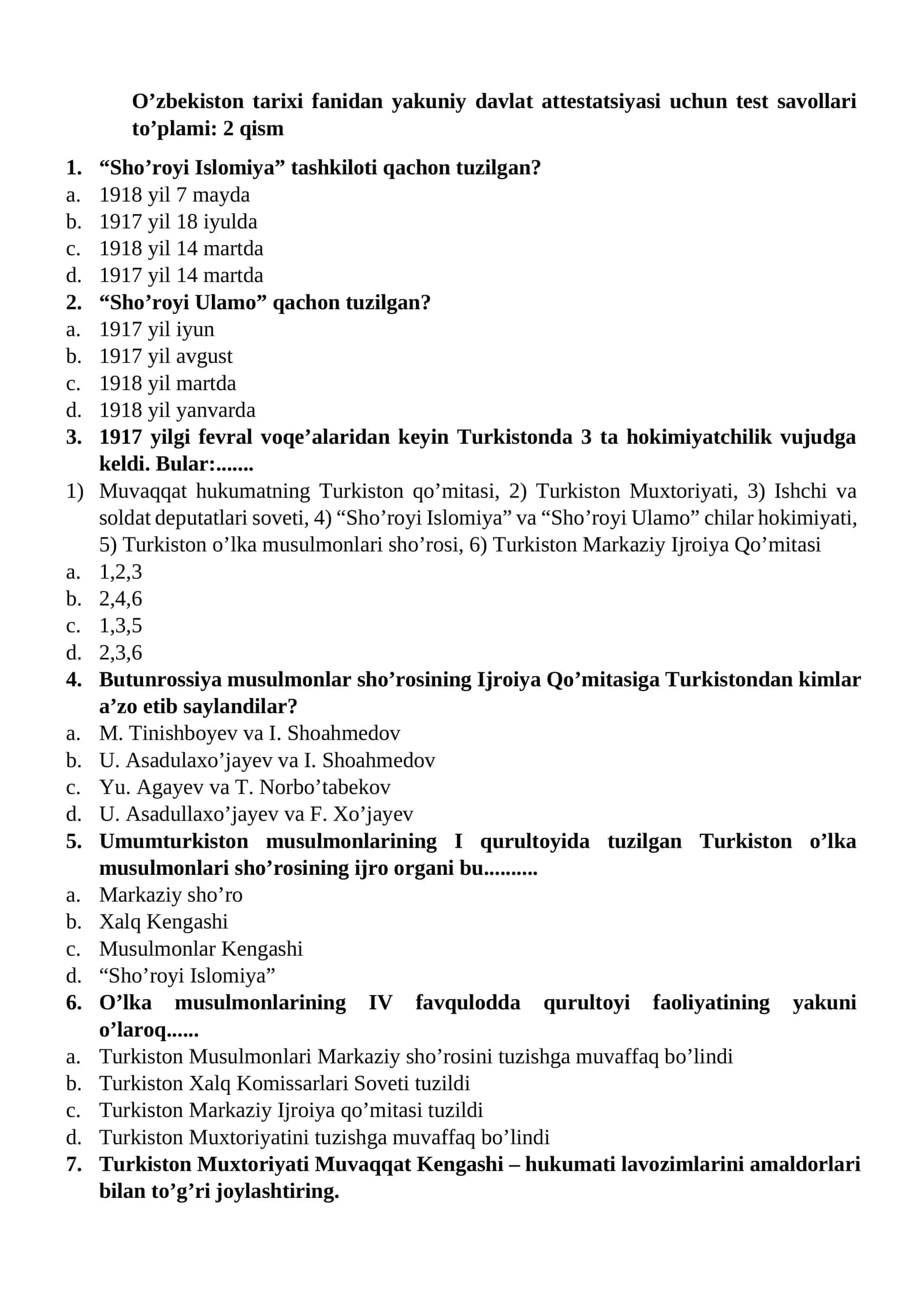 O’zbekiston tarixi fanidan yakuniy davlat attestatsiyasi uchun test savollari to’plami: 2 qism