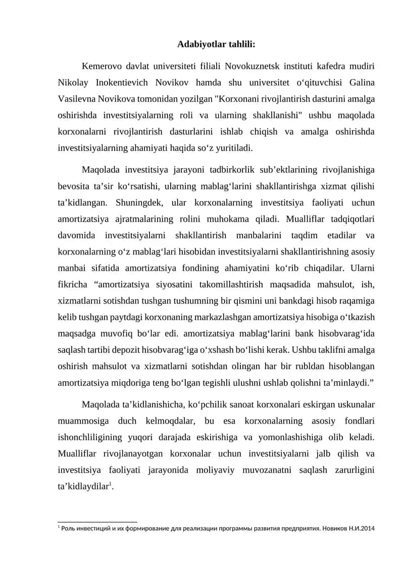 Korxonani rivojlantirish dasturini amalga oshirishda investitsiyalarning roli va ularning shakllanishi