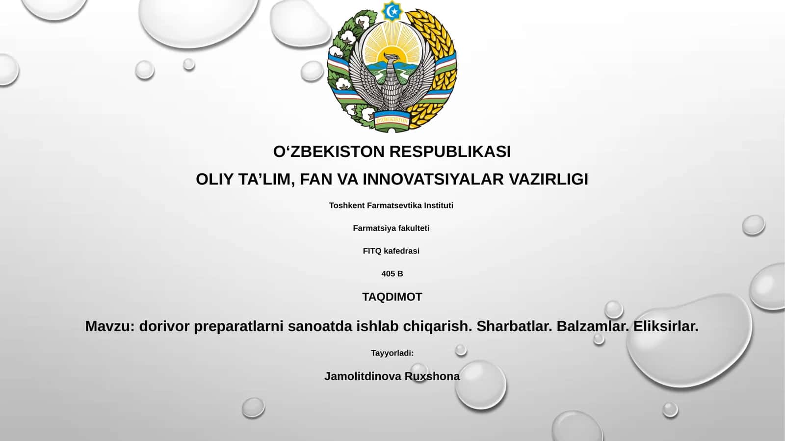 dorivor preparatlarni sanoatda ishlabchiqarish. Sharbatlar. Balzamlar. Eliksirlar