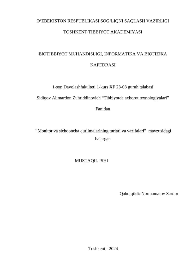 Monitor va sichqoncha qurilmalarining turlari va vazifalari