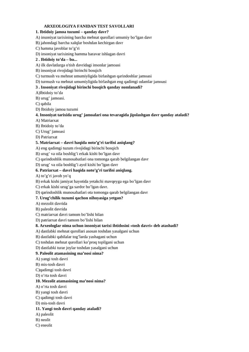 ARXEOLOGIYA FANIDAN TEST SAVOLLARI