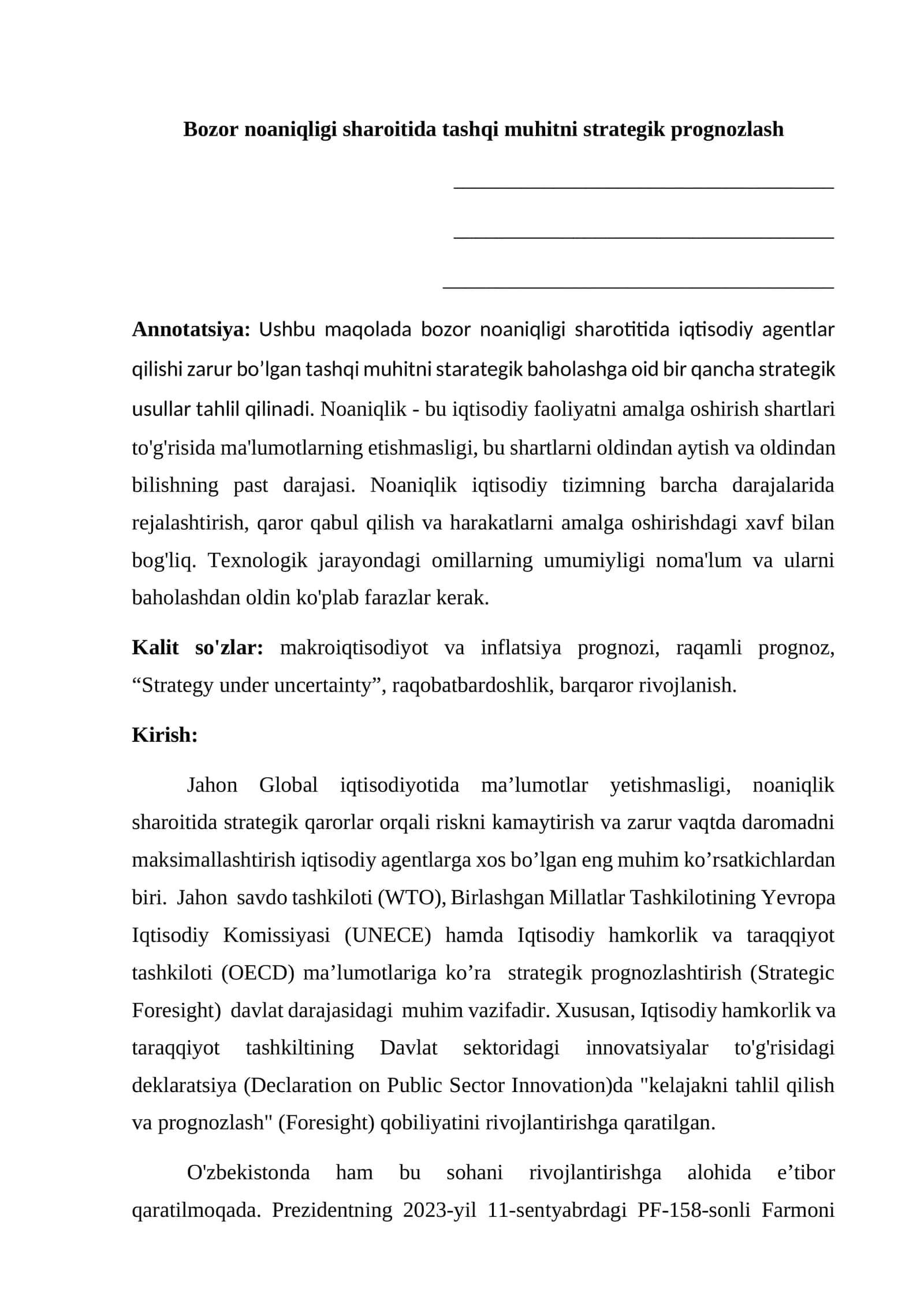 Bozor noaniqligi sharoitida tashqi muhitni strategik prognozlash
