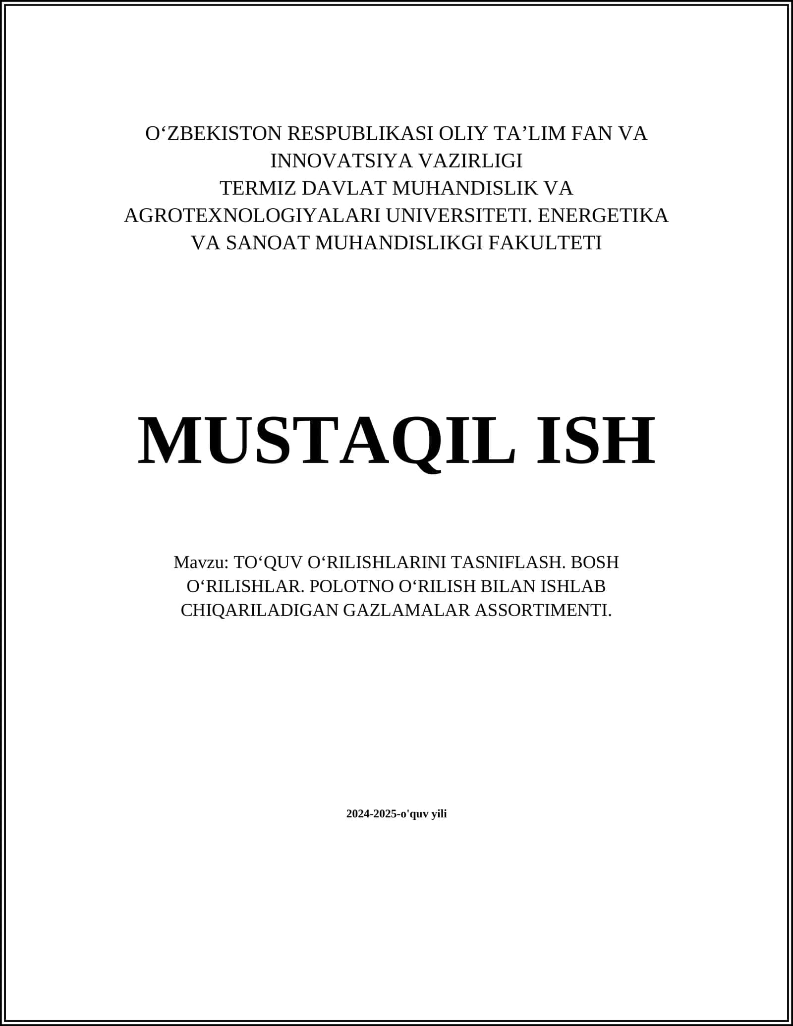 TOʻQUVOʻRILISHLARNI TASNIFLASH