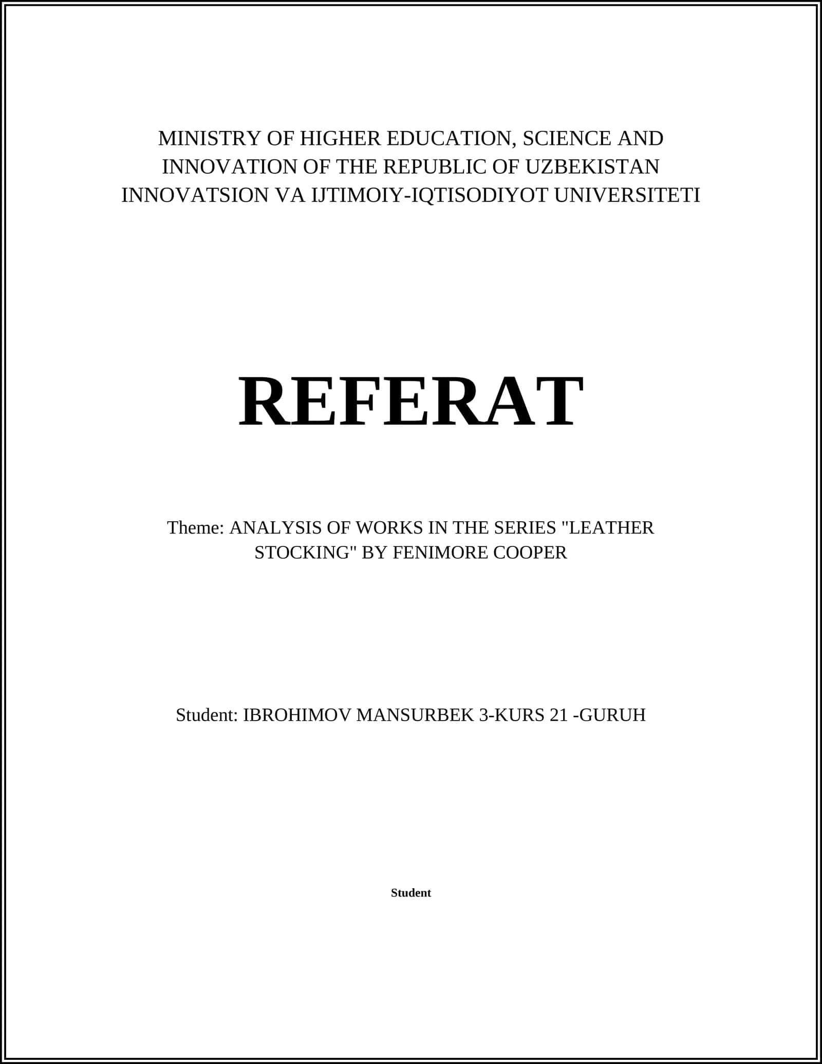 ANALYSIS OF WORKS IN THE SERIES "LEATHER STOCKING" BY FENIMORE COOPER