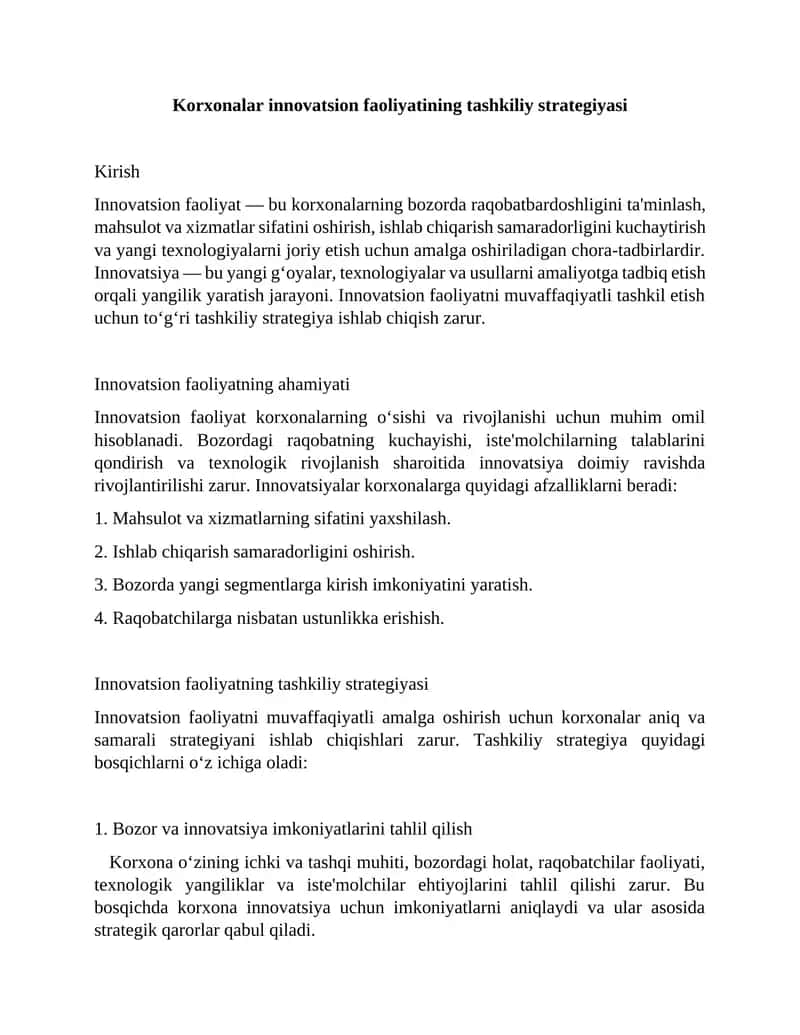 Innovatsion faoliyatning tashkiliy strategiyasi