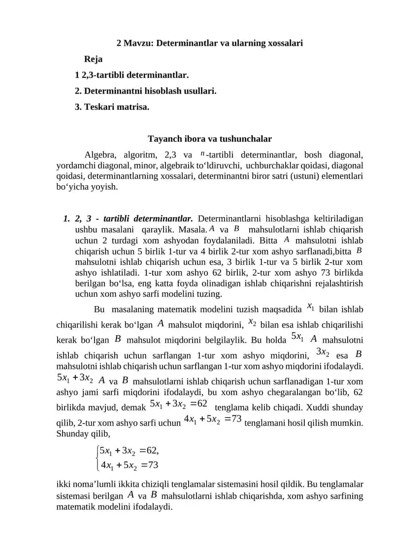 2 Mavzu: Determinantlar va ularning xossalari