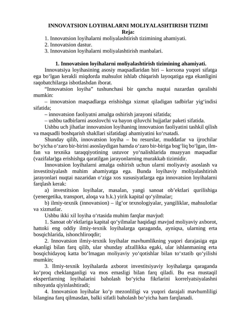 INNOVATSION LOYIHALARNI MOLIYALASHTIRISH TIZIMI