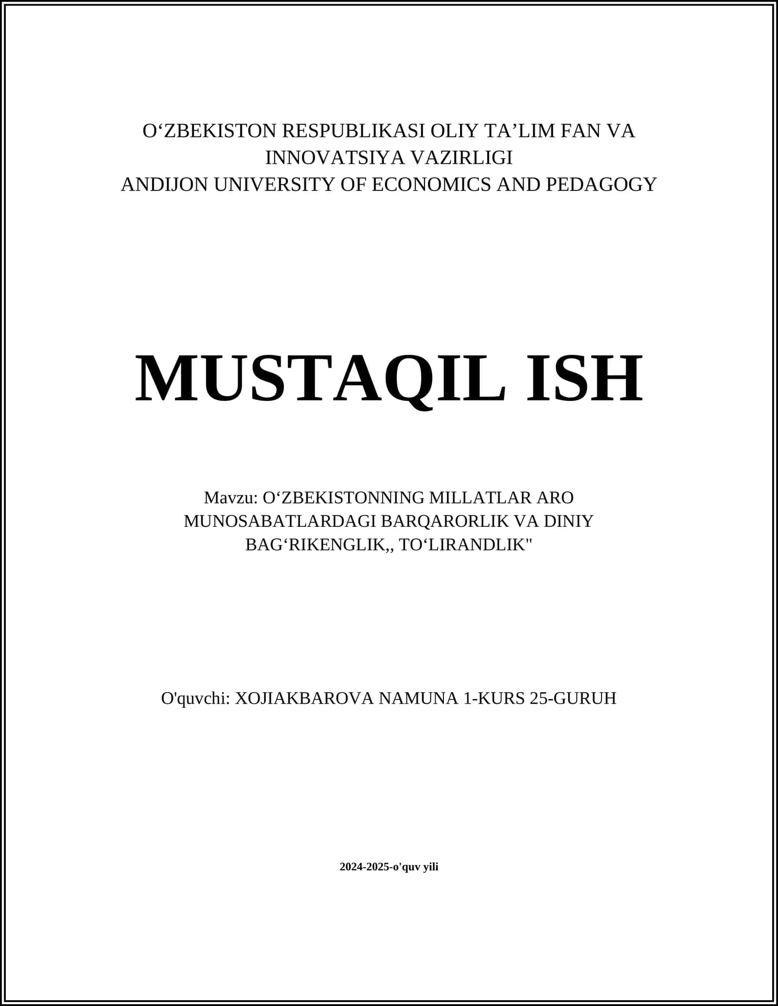 OʻZBEKISTONNING MILLATLAR ARO MUNOSABATLARDAGI BARQARORLIK VA DINIY BAGʻRIKENGLIK,, TOʻLIRANDLIK