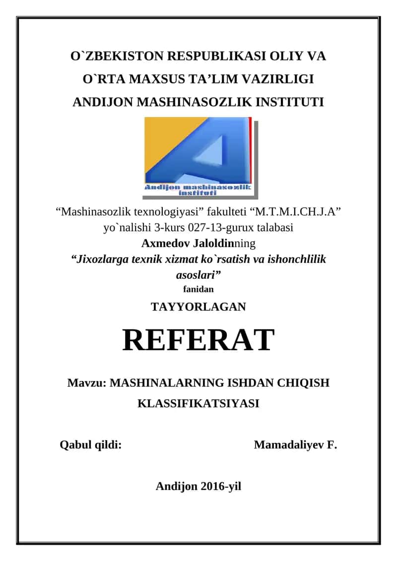 MASHINALARNING ISHDAN CHIQISH KLASSIFIKATSIYASI