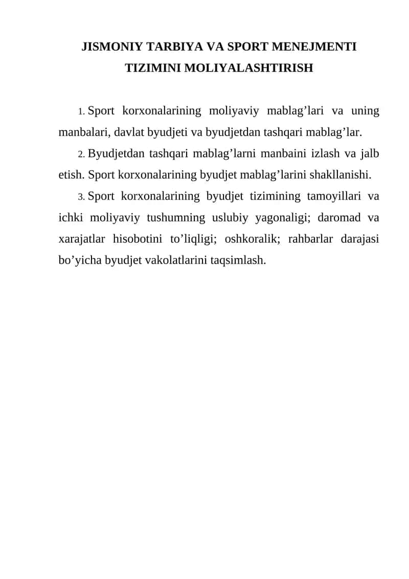 JISMONIY TARBIYA VA SPORT MENEJMENTI TIZIMINI MOLIYALASHTIRISH