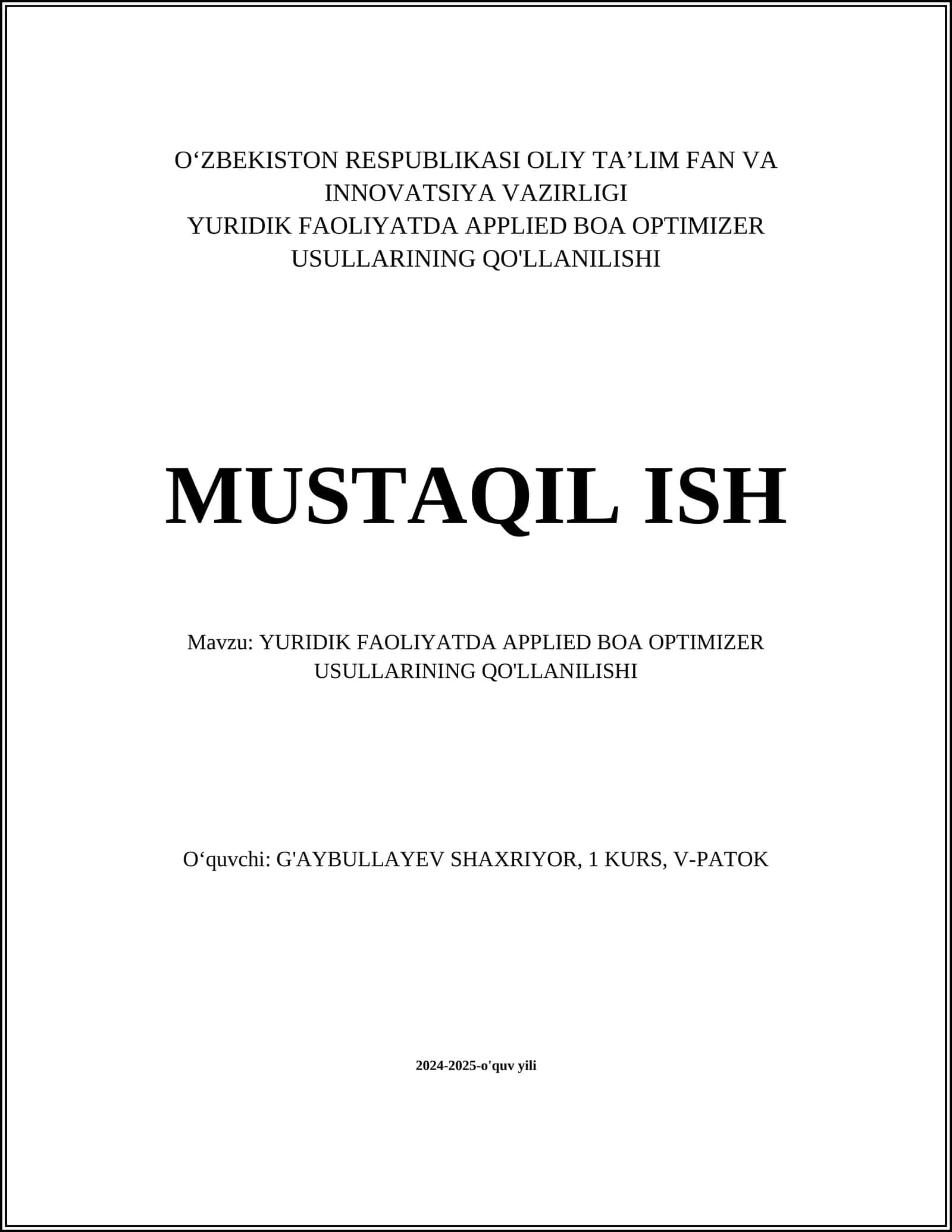YURIDIK FAOLIYATDA APPLIED BOA OPTIMIZER USULLARINING QO'LLANILISHI