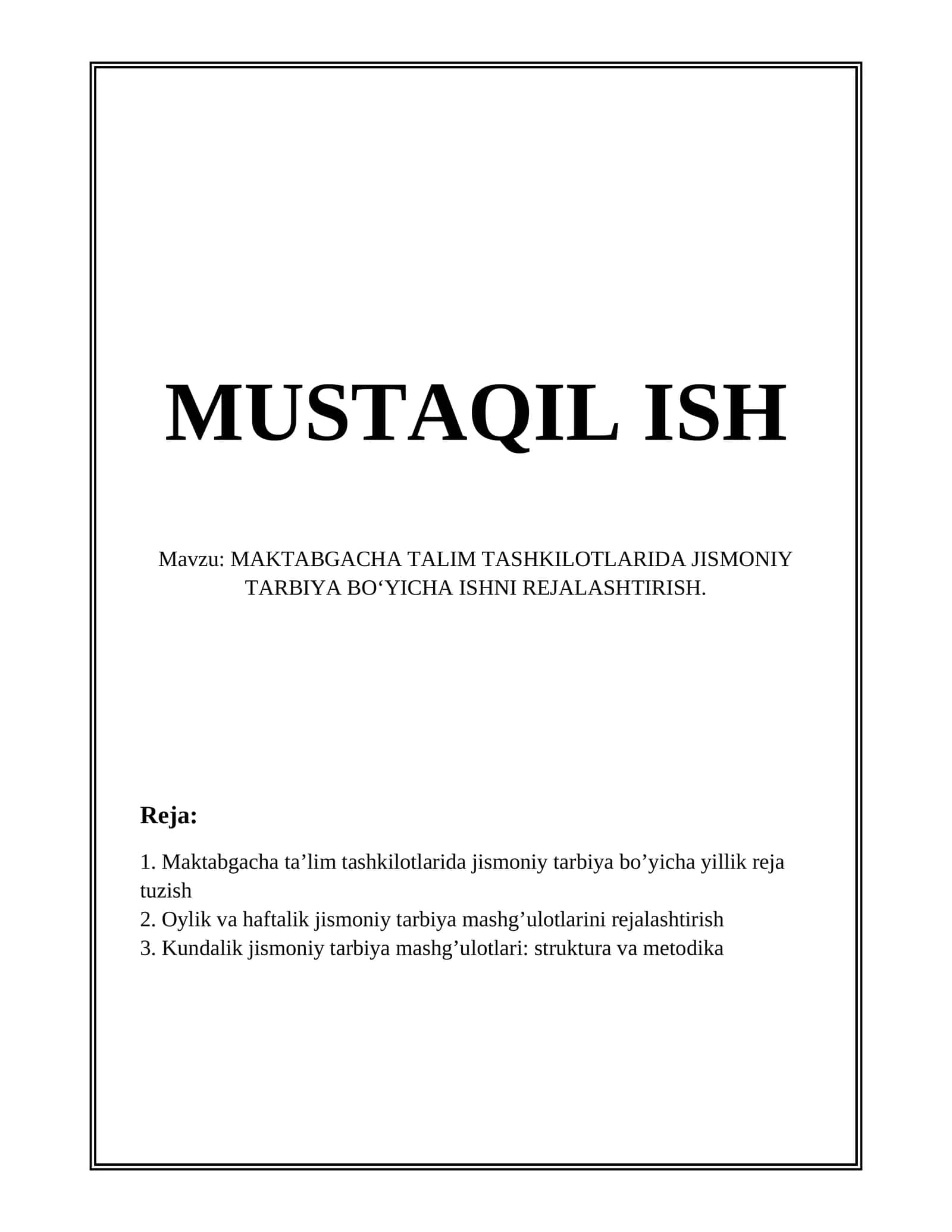 Maktabgacha taʼlim tashkilotlarida jismoniy tarbiya boʻyicha yillik reja tuzish