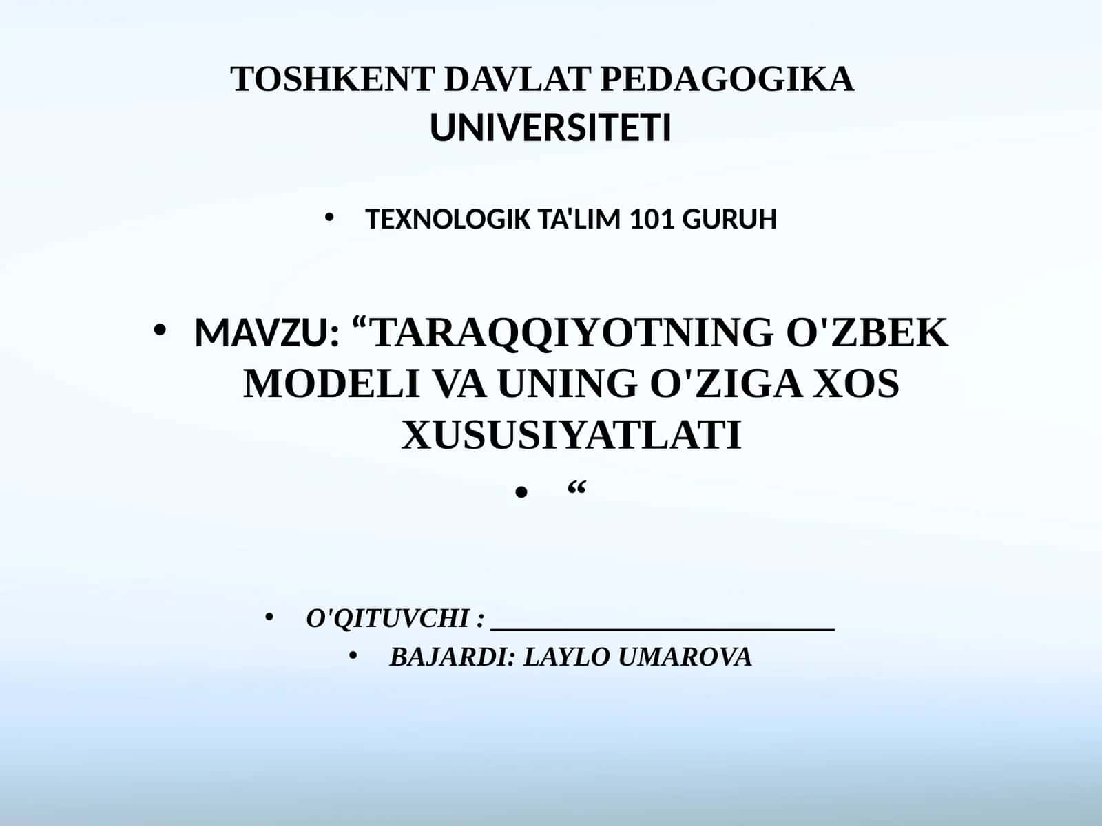 TARAQQIYOTNING O'ZBEK MODELI VA UNING O'ZIGA XOS XUSUSIYATLATI