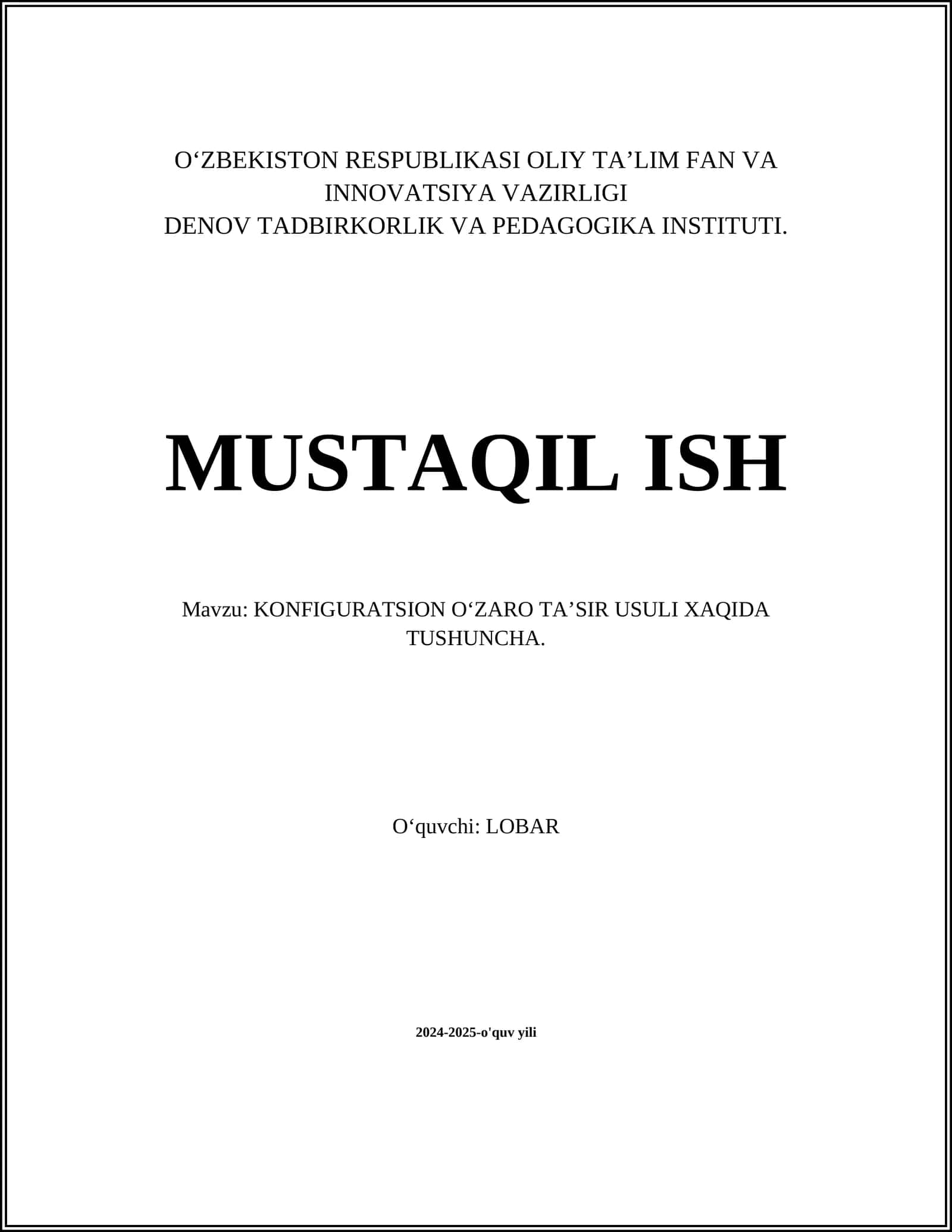 KONFIGURATSION O‘ZARO TA’SIR USULI