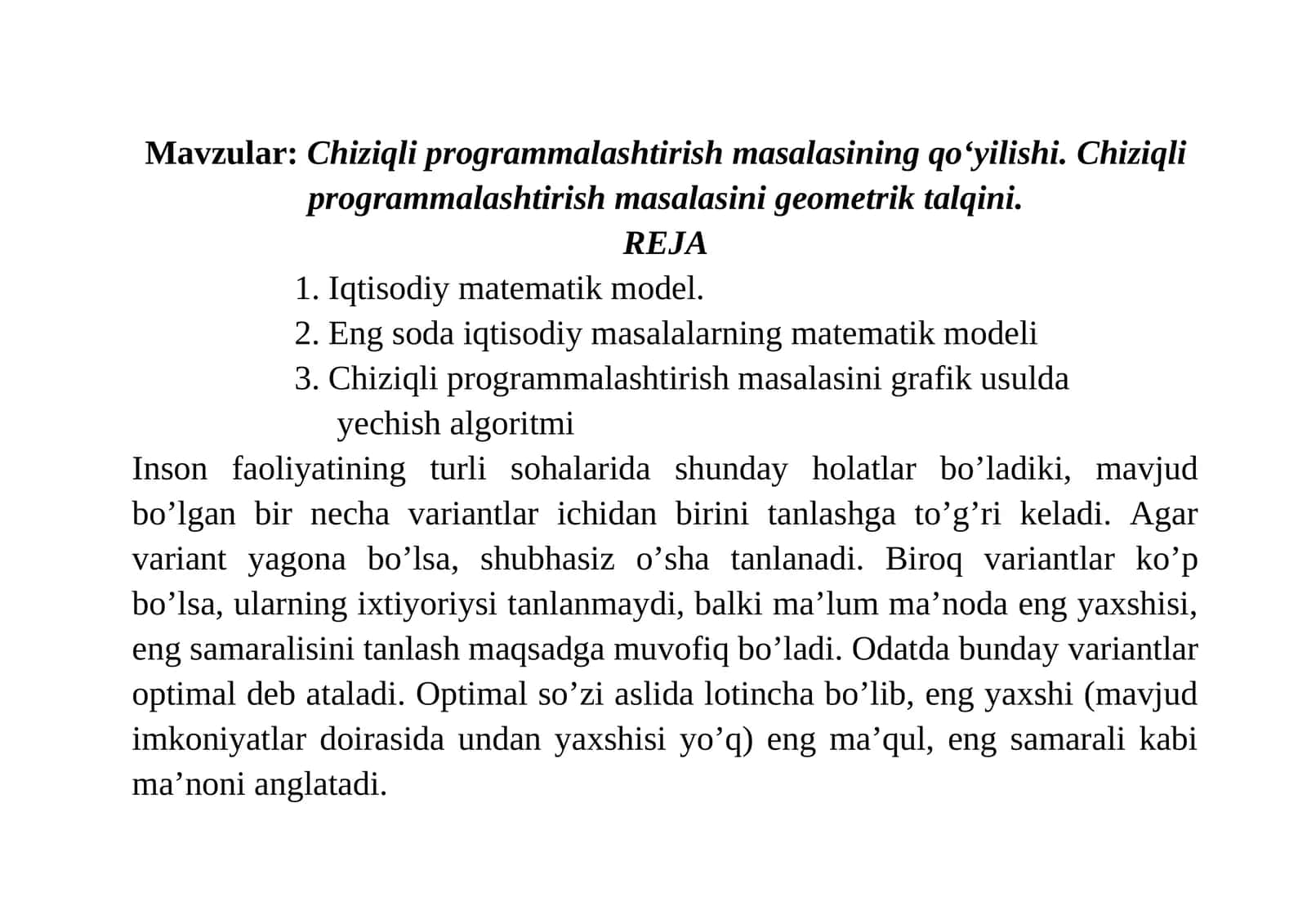 Chiziqli programmalashtirish masalasining qo‘yilishi
