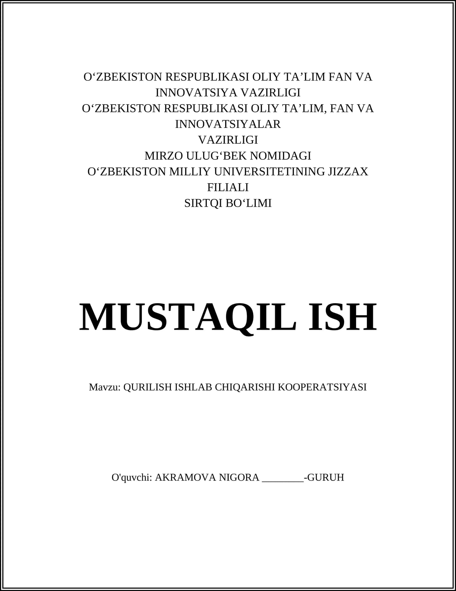 QURILISH ISHLAB CHIQARISHI KOOPERATSIYASI