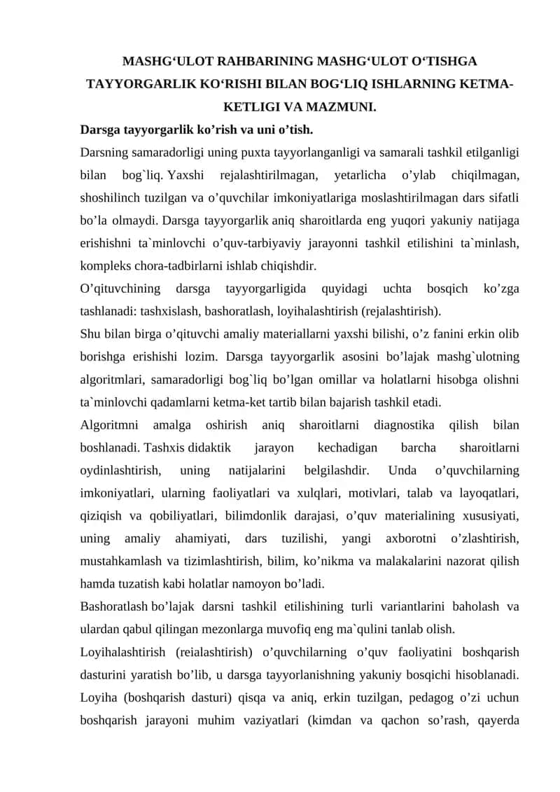 Darsga tayyorgarlik ko’rish va uni o’tish