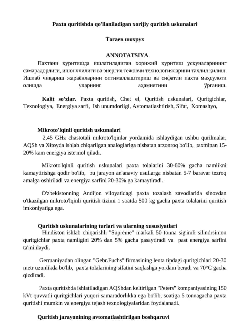 Paxta quritishda qo'llaniladigan xorijiy quritish uskunalari