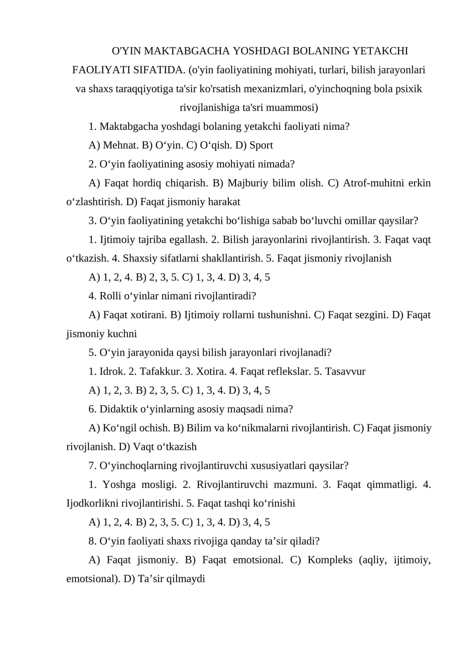 O'YIN MAKTABGACHA YOSHDAGI BOLANING YETAKCHI FAOLIYATI SIFATIDA