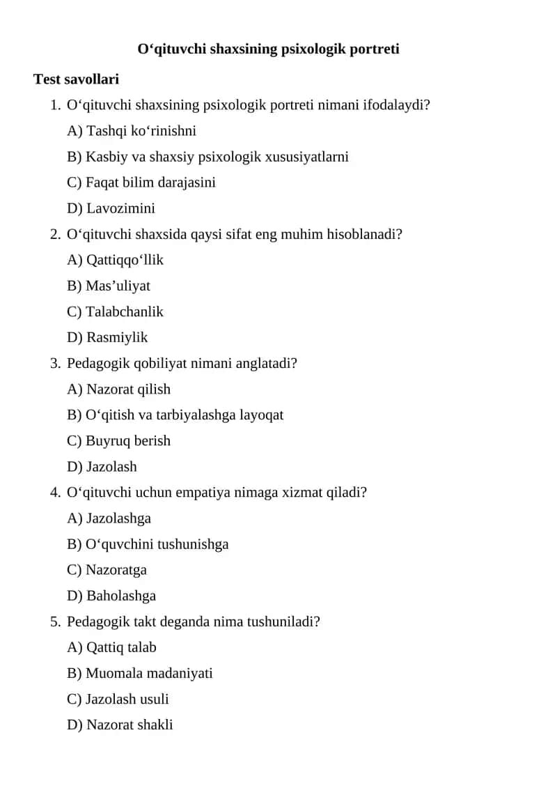 O‘qituvchi shaxsining psixologik portreti