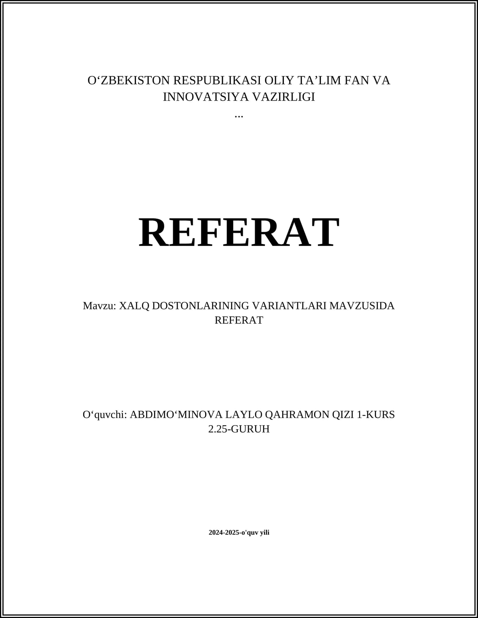 XALQ DOSTONLARINING VARIANTLARI MAVZUSIDA REFERAT