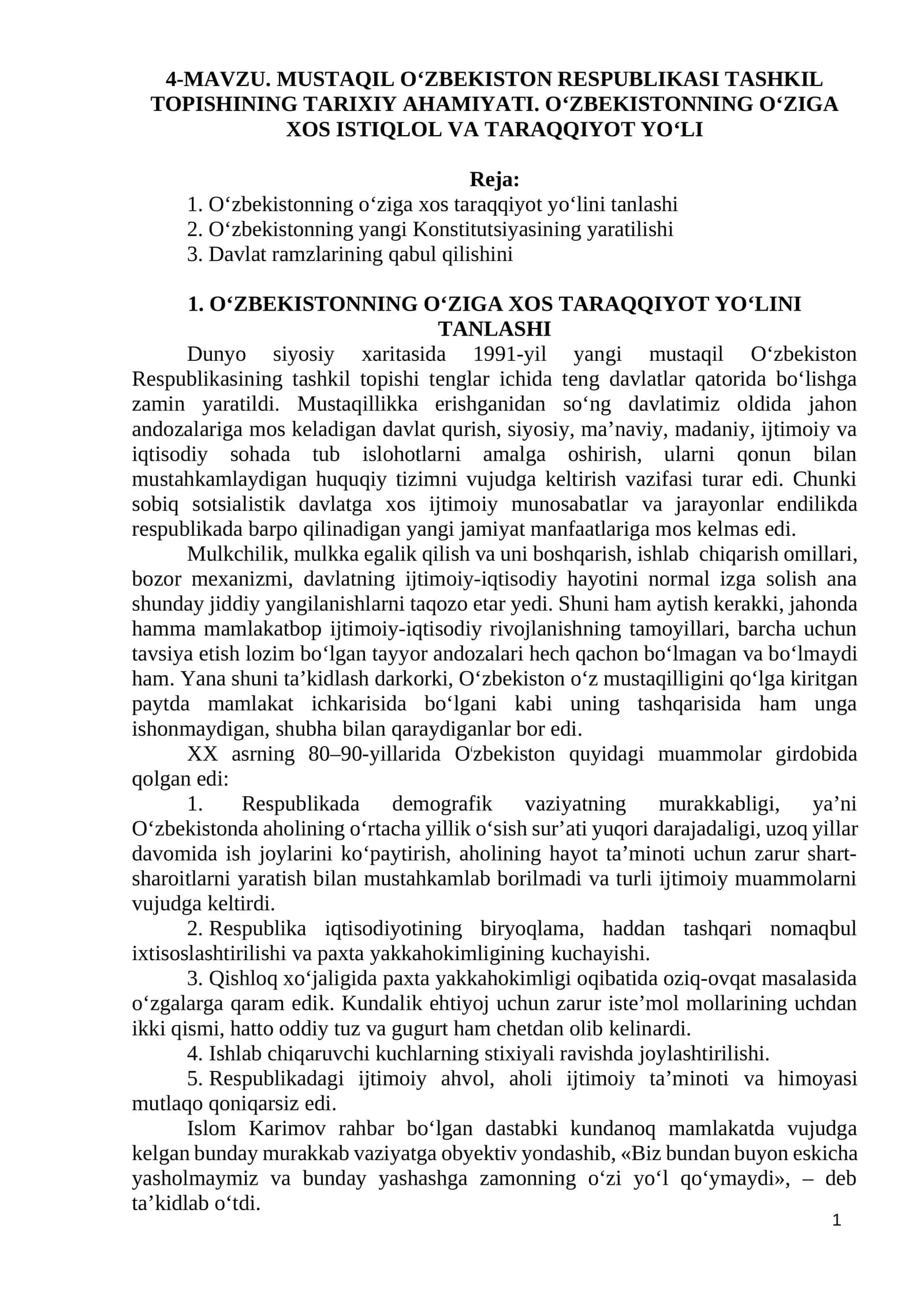 MAVZU. MUSTAQIL OʻZBEKISTON RESPUBLIKASI TASHKIL TOPISHINING TARIXIY AHAMIYATI