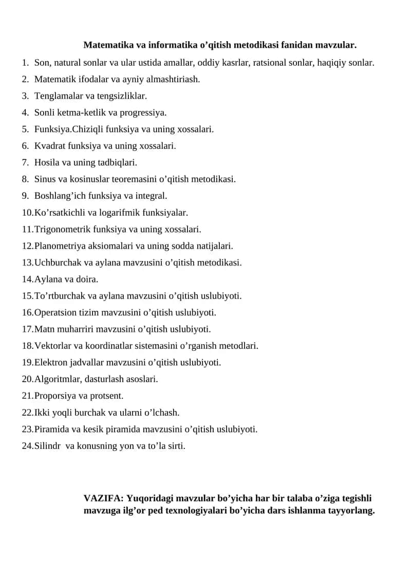 Matematika va informatika o’qitish metodikasi fanidan mavzular