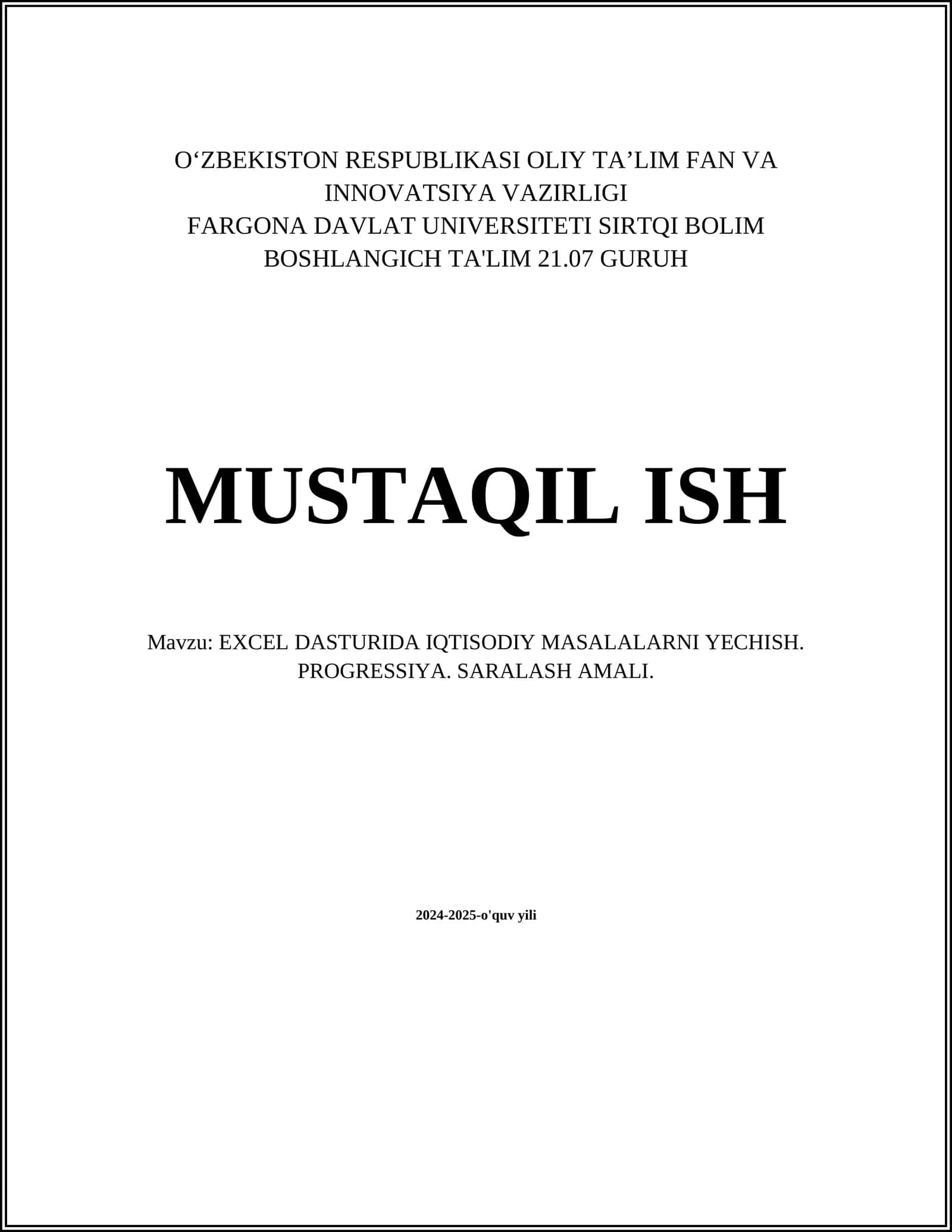 EXCEL DASTURIDA IQTISODIY MASALALARNI YECHISH