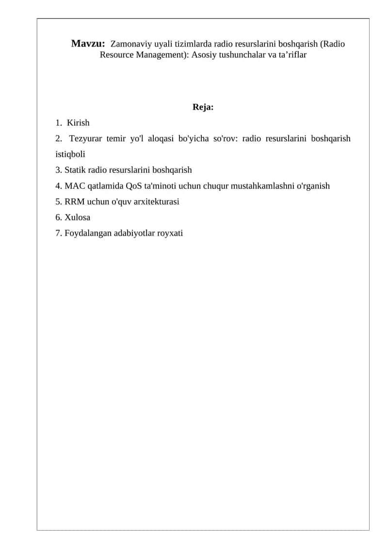 Zamonaviy uyali tizimlarda radio resurslarini boshqarish (Radio Resource Management): Asosiy tushunchalar va ta’riflar