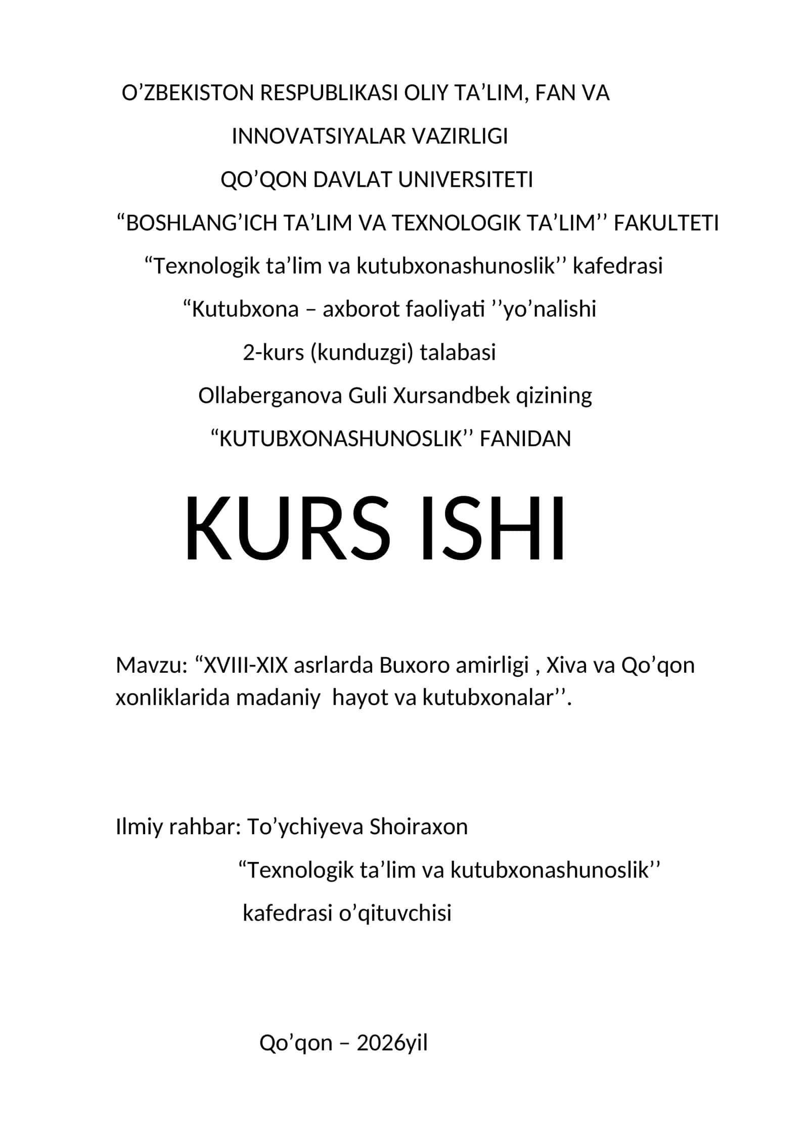 KUTUBXONASHUNOSLIK’’ FANIDAN KURS ISHI