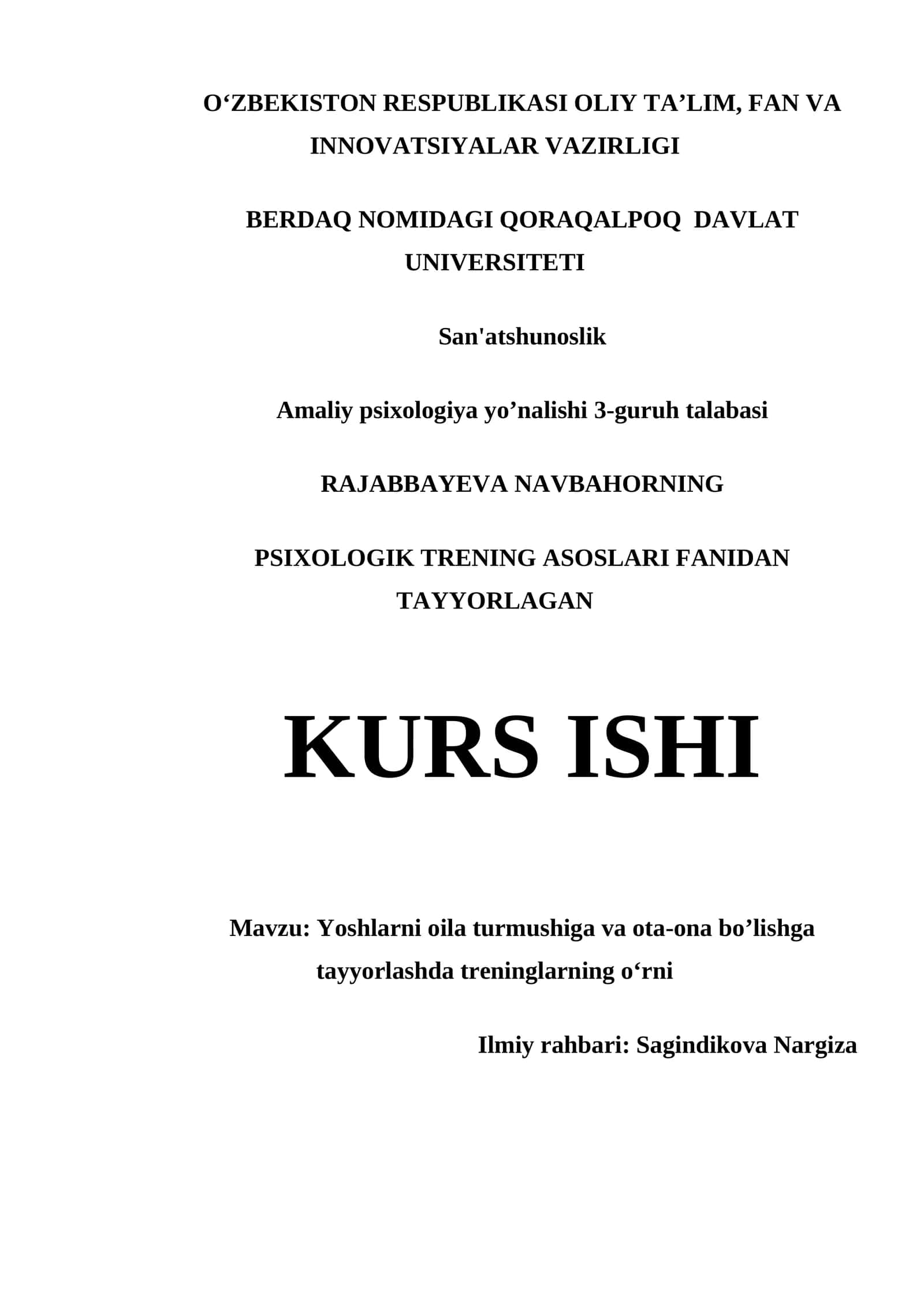 PSIXOLOGIK TRENING ASOSLARI FANIDAN TAYYORLAGAN KURS ISHI