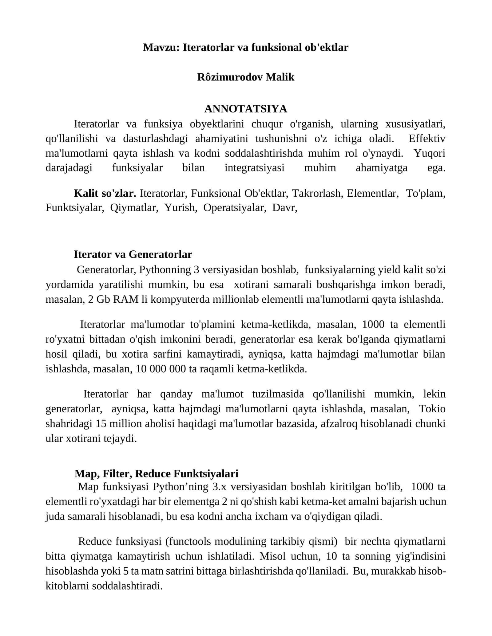 Iteratorlar va funksional ob'ektlar