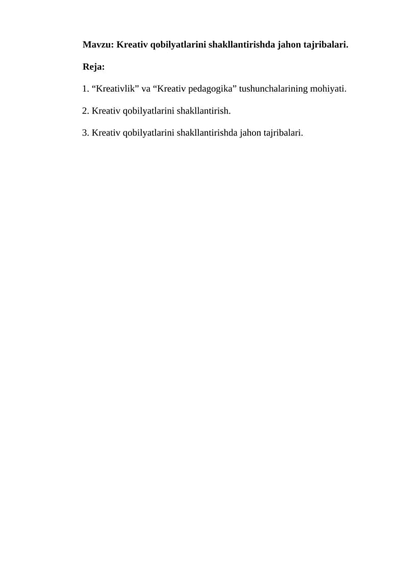 Kreativ qobilyatlarini shakllantirishda jahon tajribalari